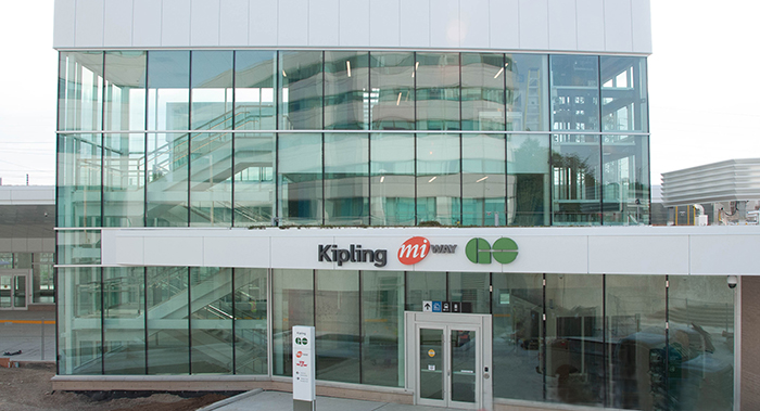 Kipling Bus Terminal entrance with terminal name, MiWay logo and GO logo